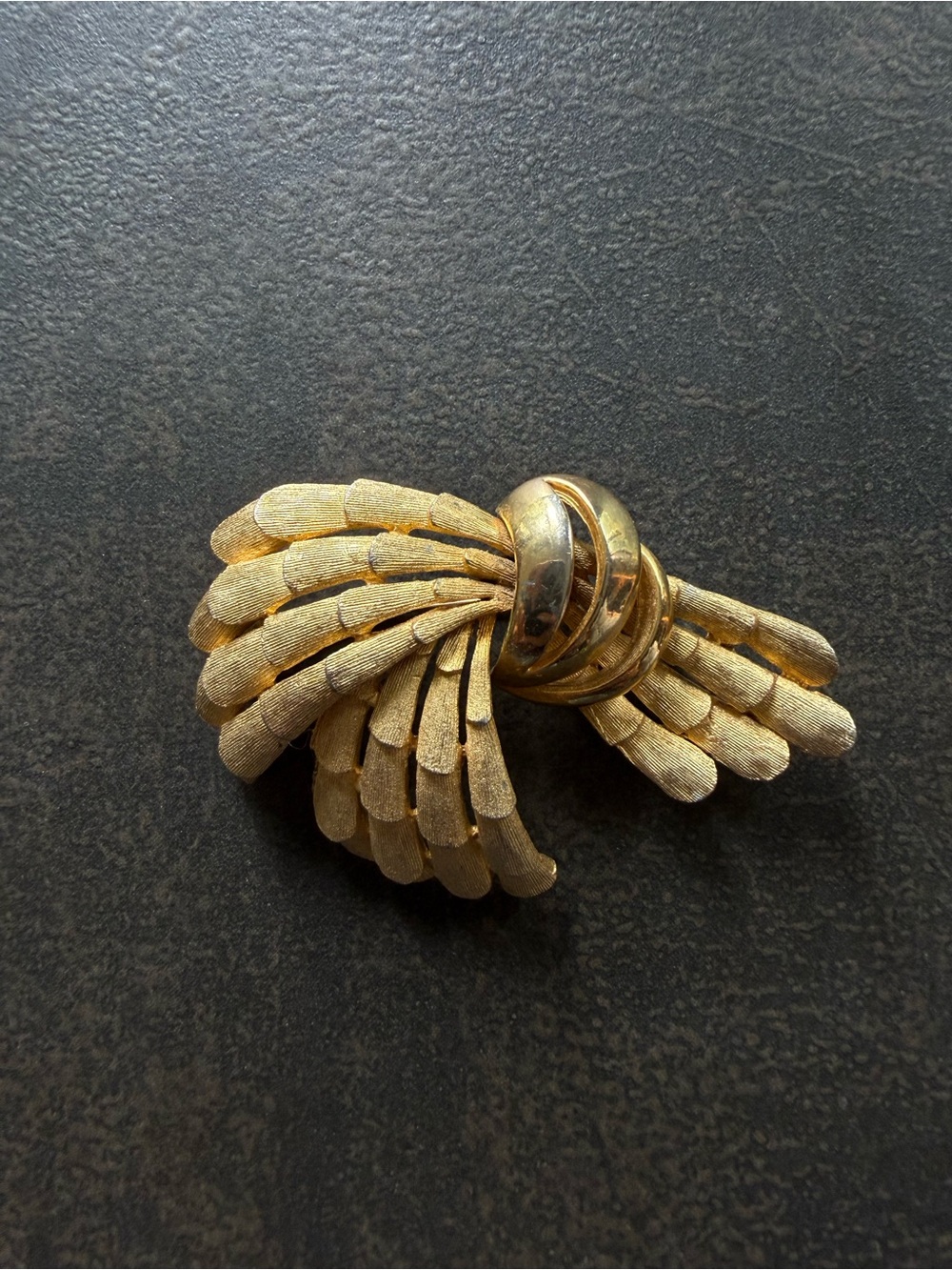 Vintage Gold-Tone Ribbon Bow Brooch Matte Finish- BSK Designer Stamp
